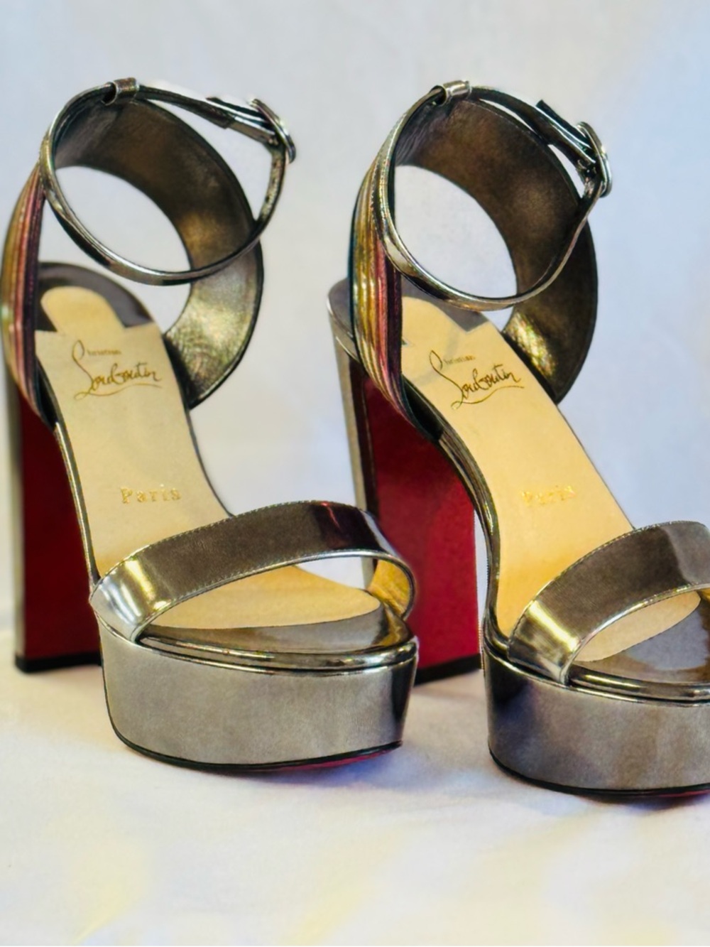 Christian Louboutin Metallic Pewter Platform Ankle-Strap Sandals